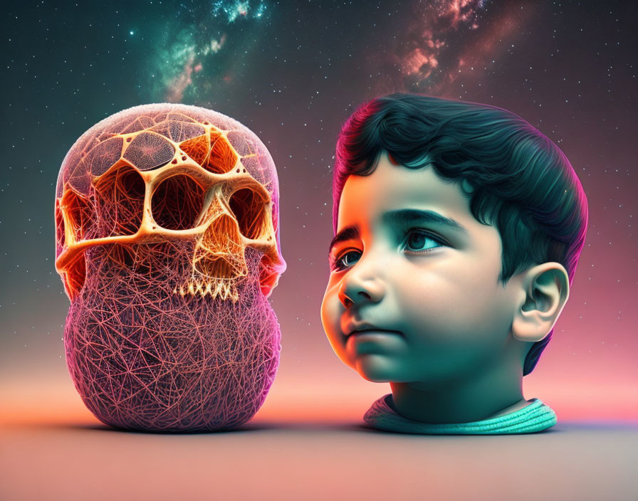 Stylized child and luminous mesh skull in cosmic backdrop