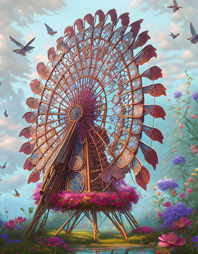 Whimsical feather-adorned ferris wheel in fantasy garden