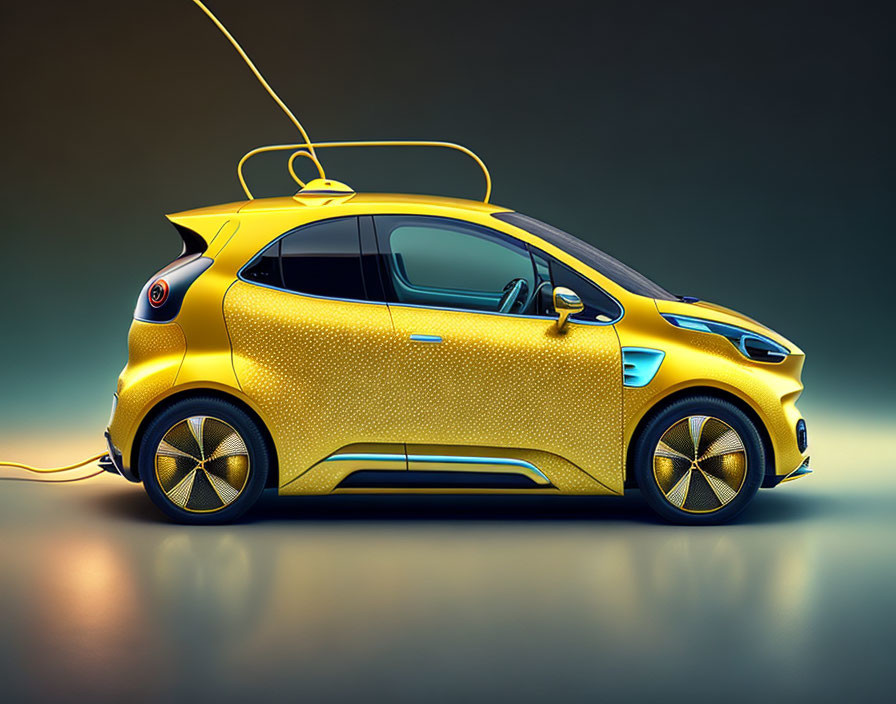 Yellow Electric Car with Whimsical Wind-Up Key on Dual-Tone Background