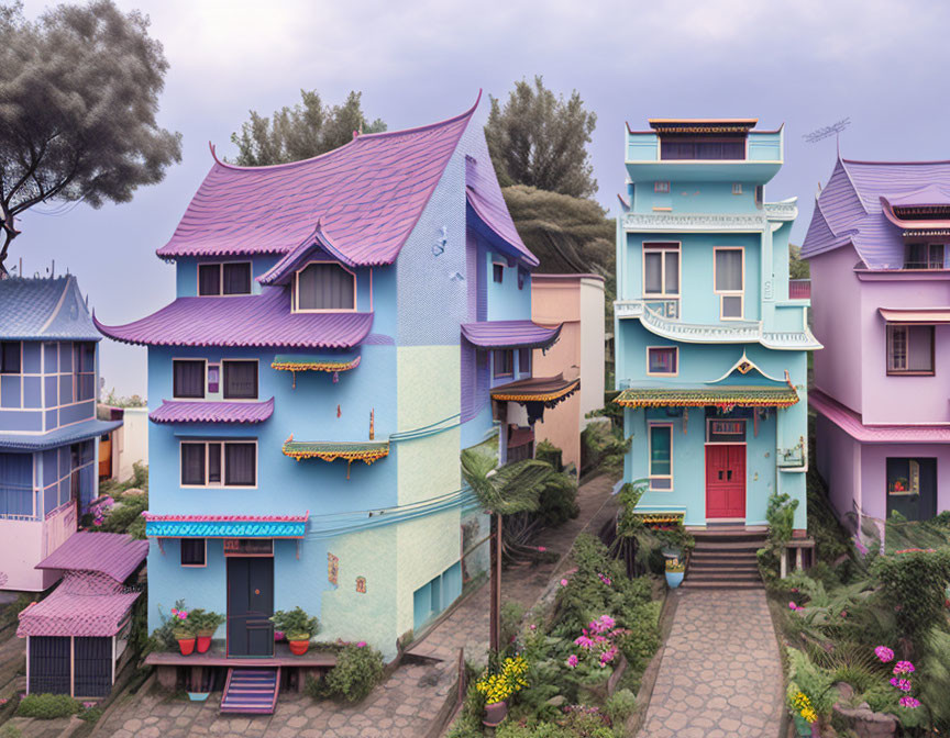 Colorful Traditional Houses with Garden Pathway and Cloudy Sky