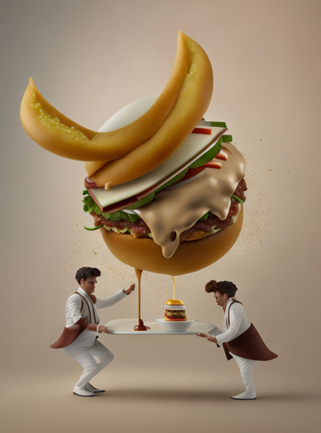 Levitating deconstructed cheeseburger balanced by two individuals