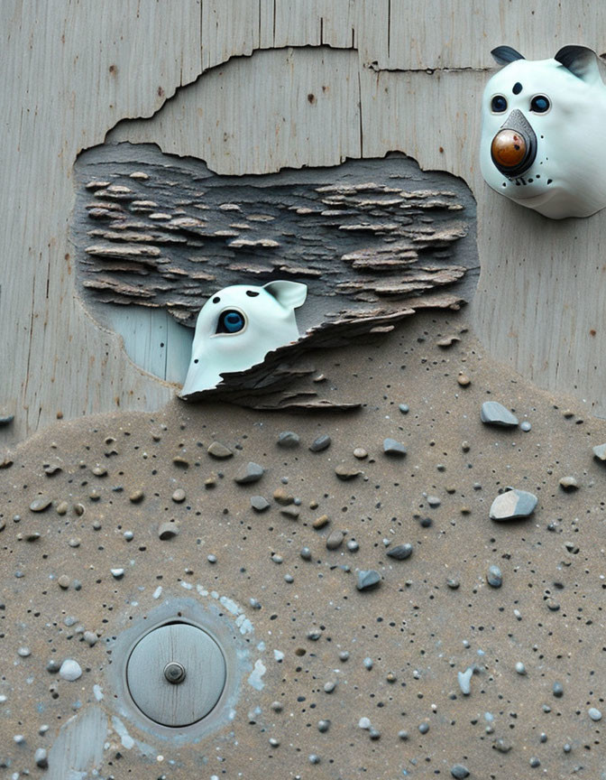 Wall with peeling paint resembling dog's face and real dog-shaped object.