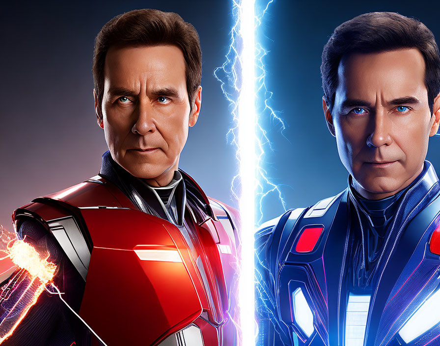 Futuristic superhero men in red and blue suits with electric powers