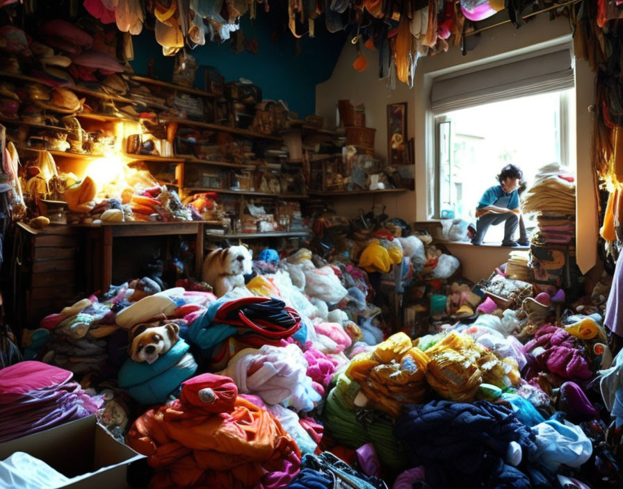 Colorful Fabric Room with Person, Dogs, and Window