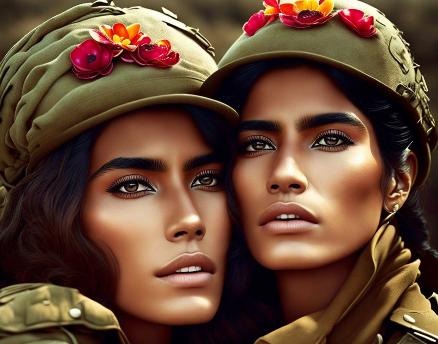 Two women in military-style hats with flowers, showcasing striking eyes and symmetrical features