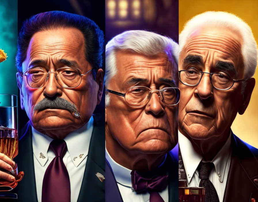 Three stylized caricatures of older men in suits with distinct expressions and backgrounds.