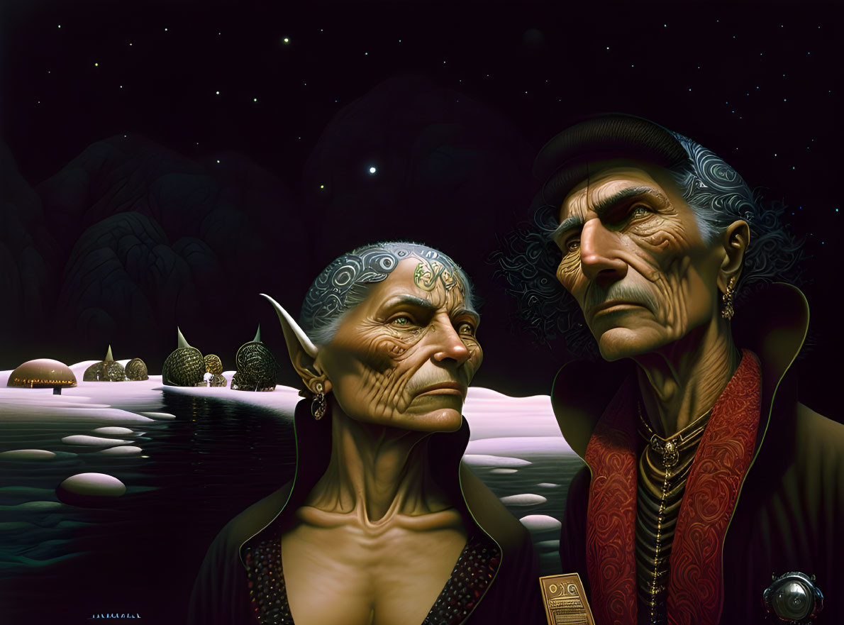 Elderly alien couple with facial markings by starlit lake