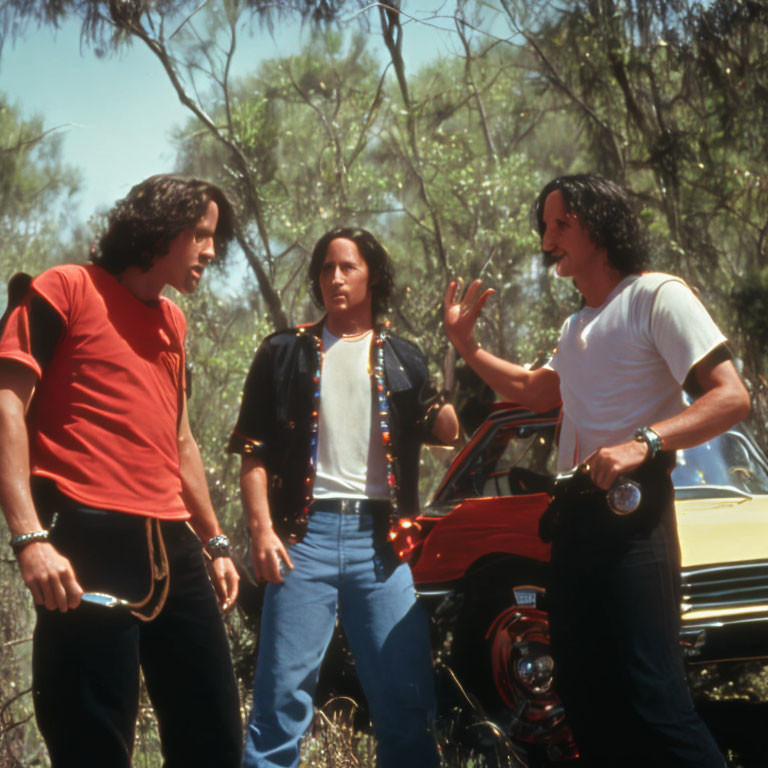 Three Men Talking by Yellow Car in Wooded Area