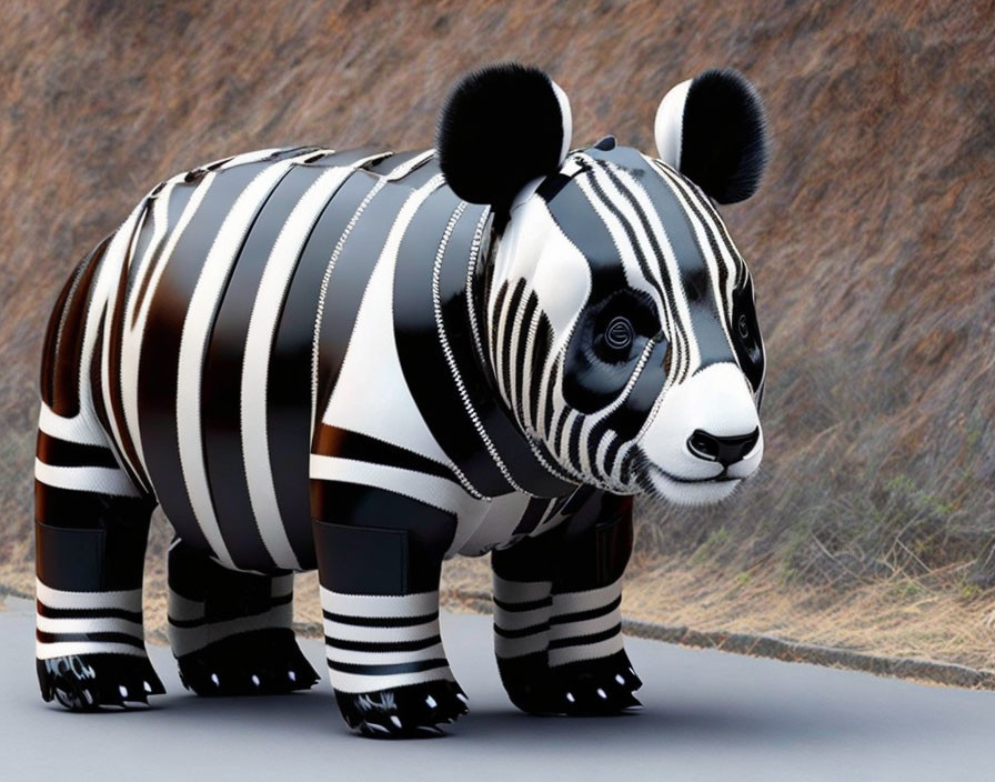 Digital artwork: Zebra-bodied creature with panda head on road with rocks