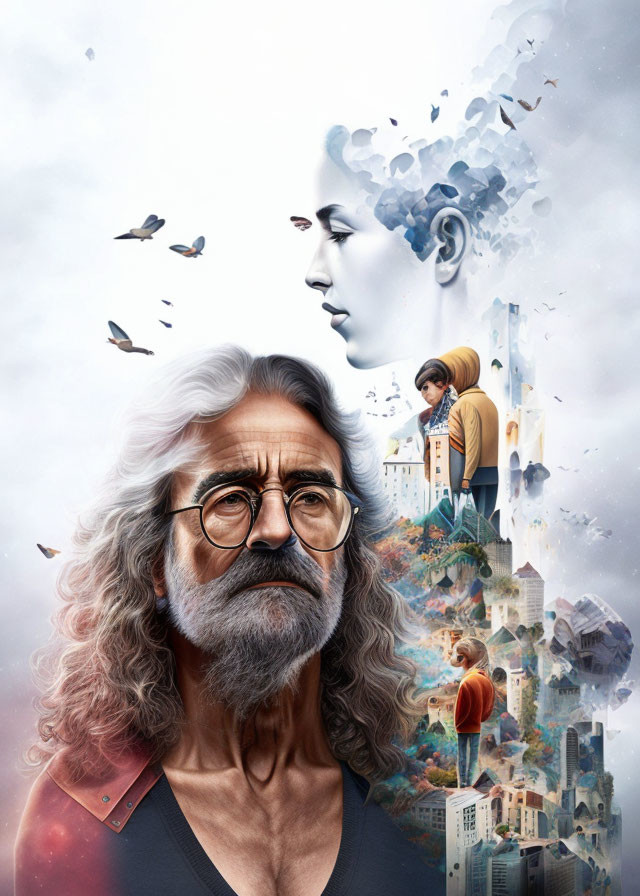 Surreal portrait with older man, woman profile, boy, architecture, and birds.