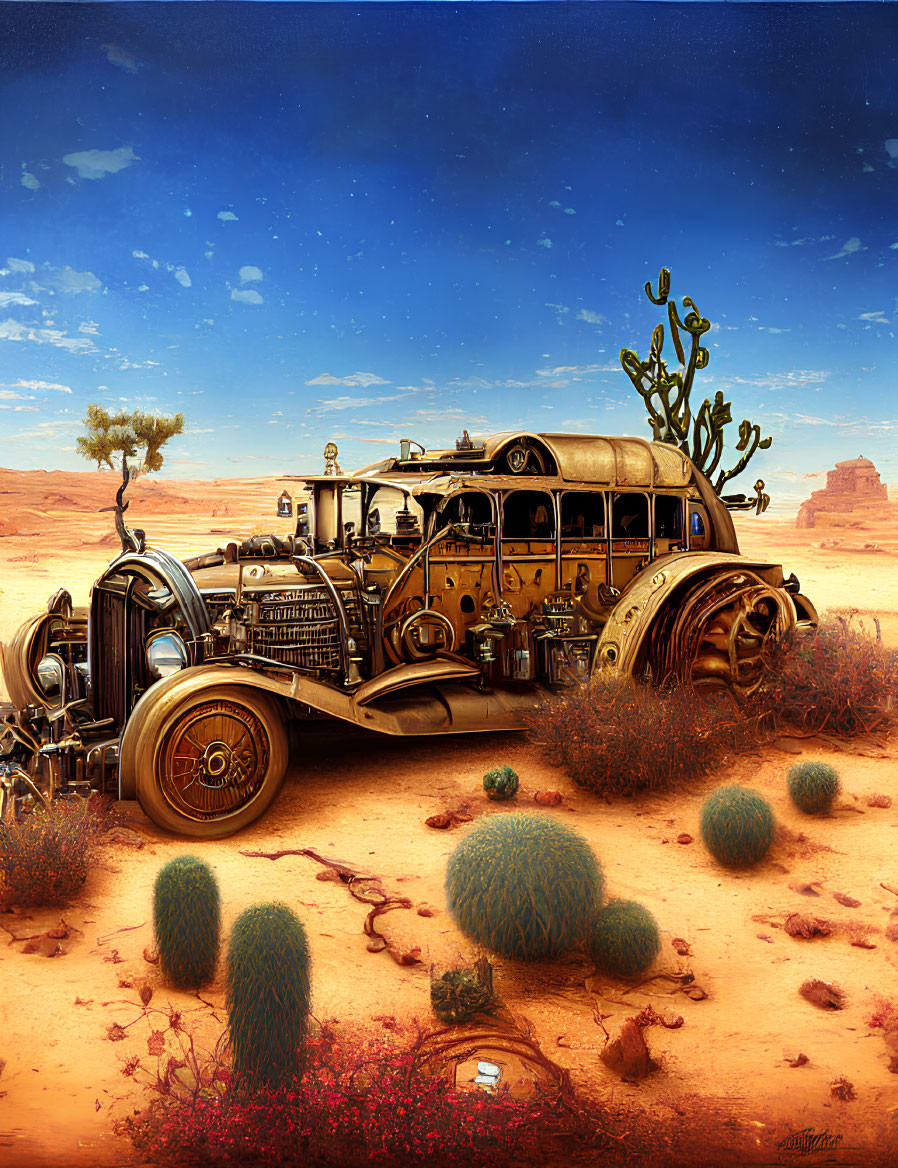 Steampunk vehicle with gears in desert landscape