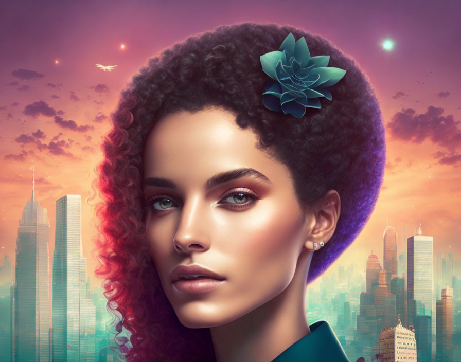 Digital portrait of woman with blue flower in curly hair against sunset city skyline