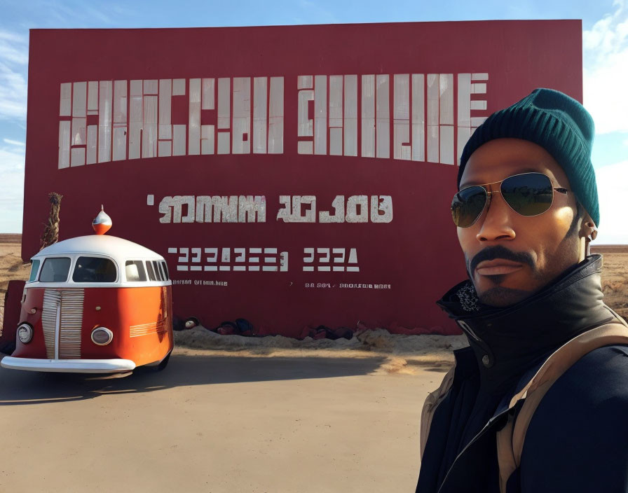 Man in Beanie and Sunglasses Standing by Large Red Wall with Inverted Text and Vintage Van