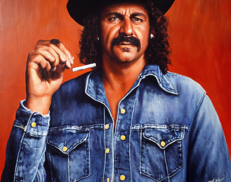 Man with Mustache in Black Hat and Denim Shirt Holding Cigarette