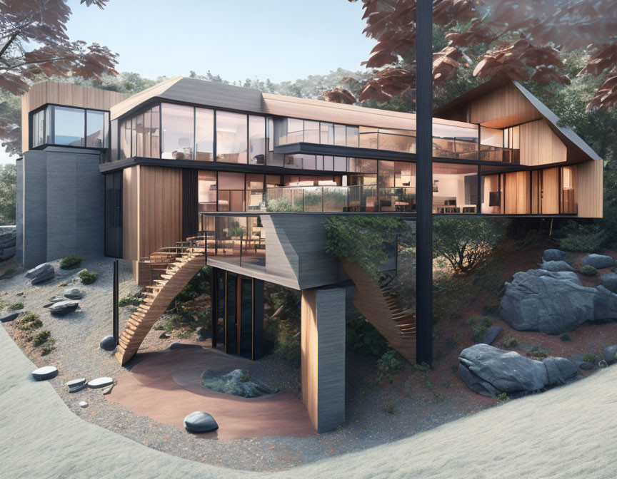 Contemporary two-story house with glass walls, wooden cladding, spiral staircase, surrounded by trees