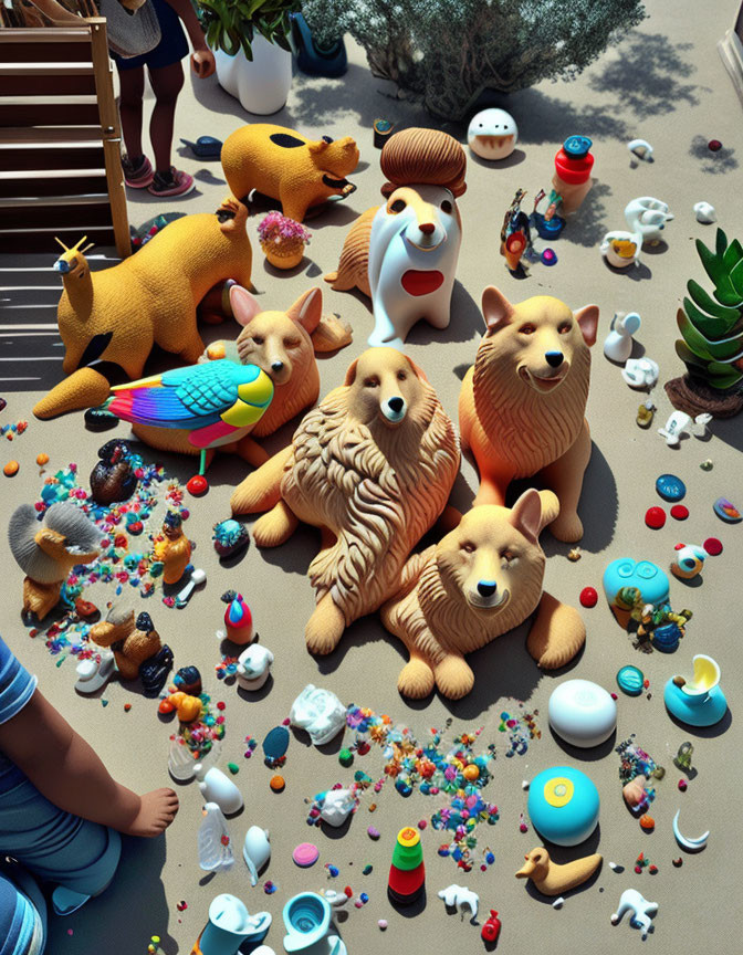 Assortment of colorful toys and objects on floor with stuffed animals and small figures