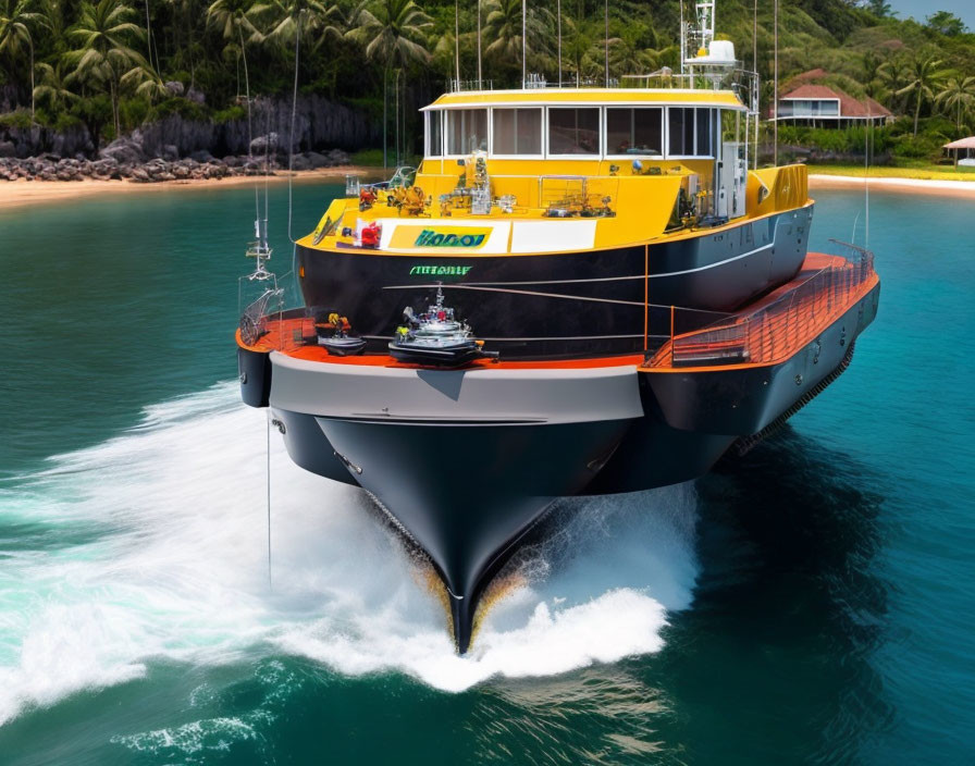 Yellow and Black Ship with Helicopter Near Forested Shoreline