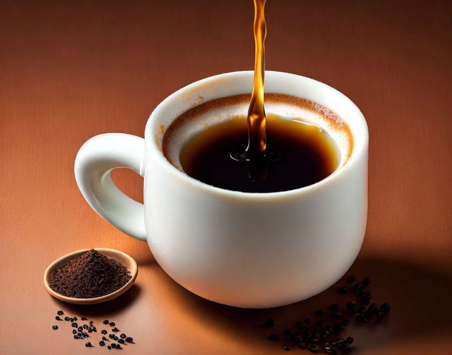 White Cup with Coffee Pouring, Whole Beans, and Ground Coffee on Brown Background