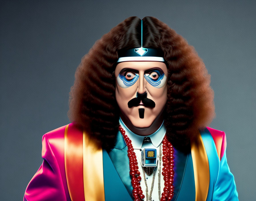 Character illustration in retro style with large mustache, headband, blue eye makeup, vibrant jacket.