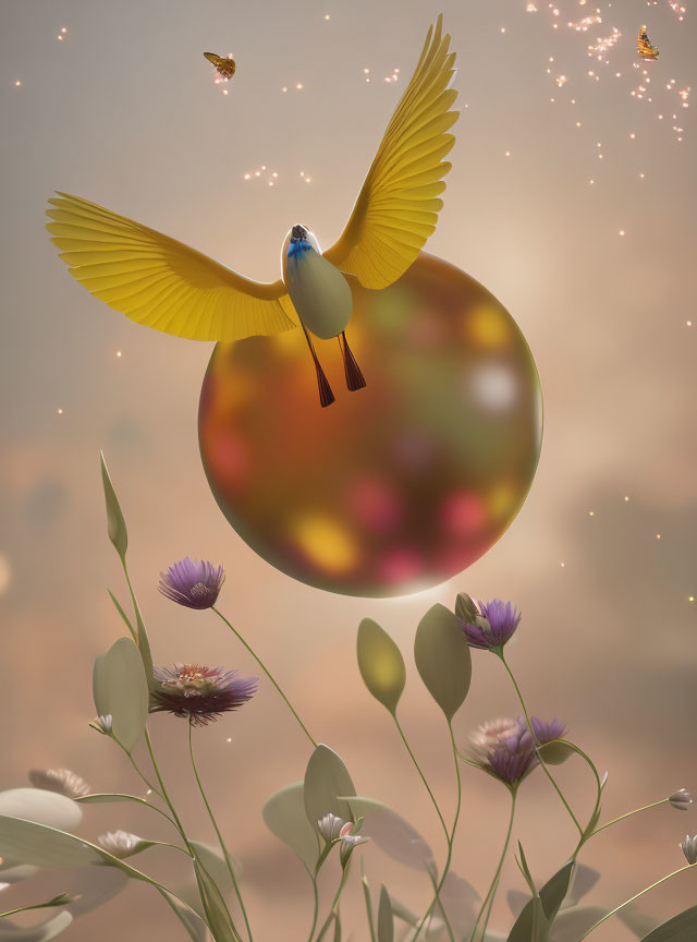 Colorful bird with extended yellow wings hovering above vibrant marble amidst sparkling particles and flowers