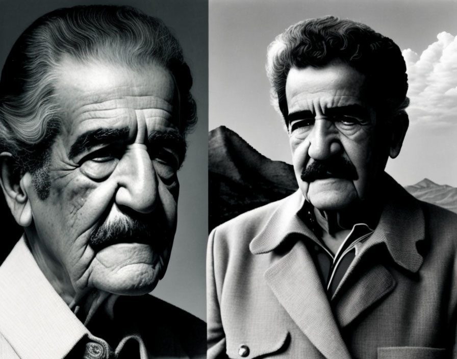 Elderly man in suit with mustache, pensive look, cloudy sky backdrop