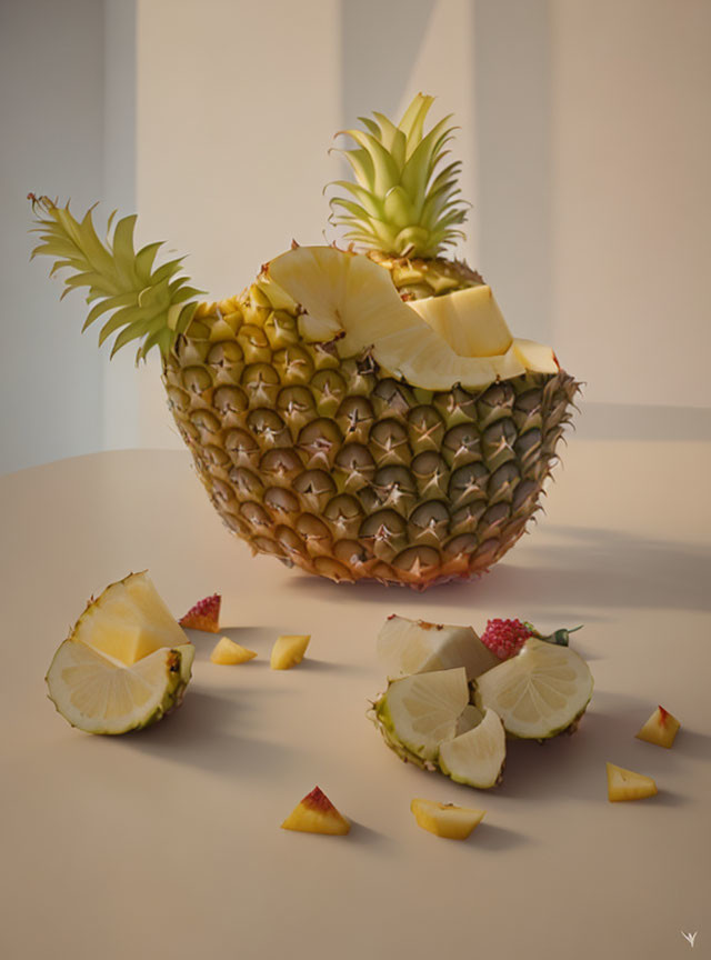 Sliced pineapple with chunks and top in warm lighting