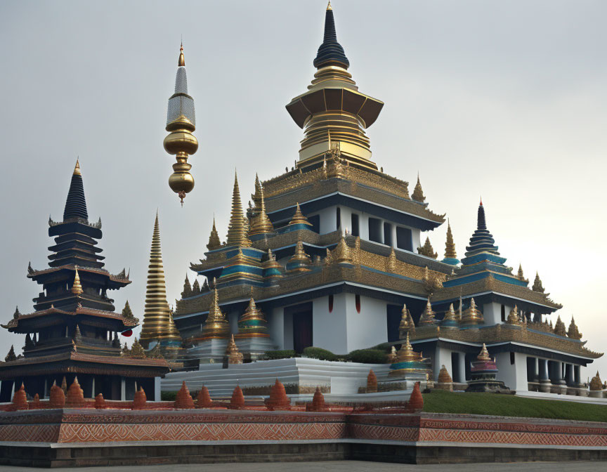 Traditional multi-tiered temple with golden spires and tiered roofs against hazy sky