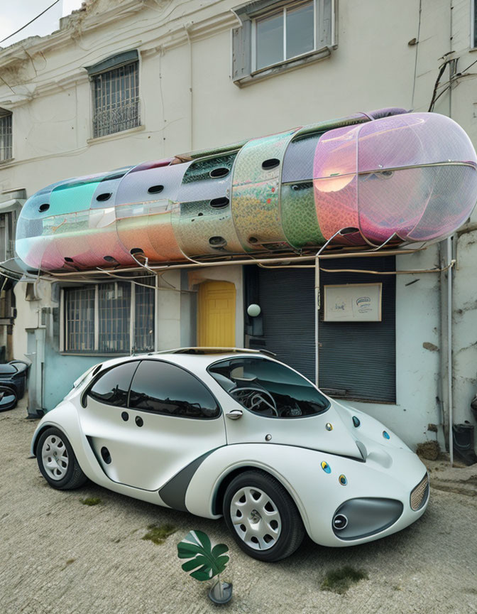 White Compact Car Parked in Front of Building with Futuristic Pod Structure