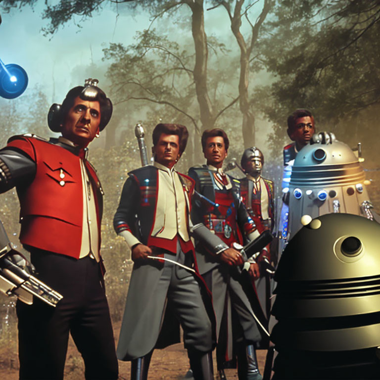 Group of people in futuristic costumes with robots in forest setting