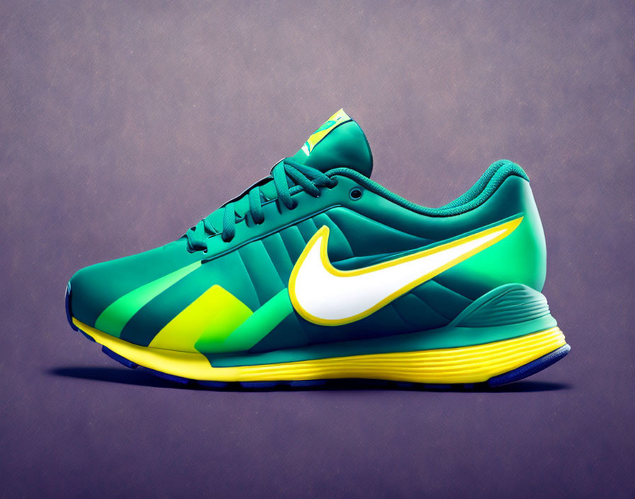 Colorful Nike Running Shoe with Green, Yellow, and White Swoosh on Purple Background