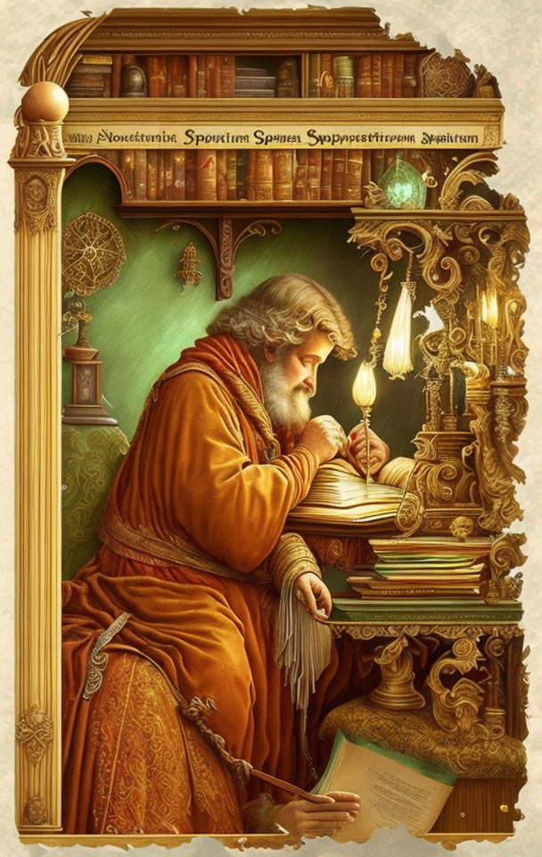 Elderly man in golden robe writing at ornate desk