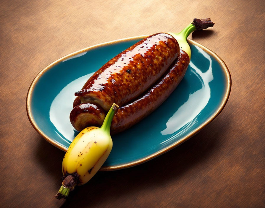 Grilled sausage on blue plate with banana garnish