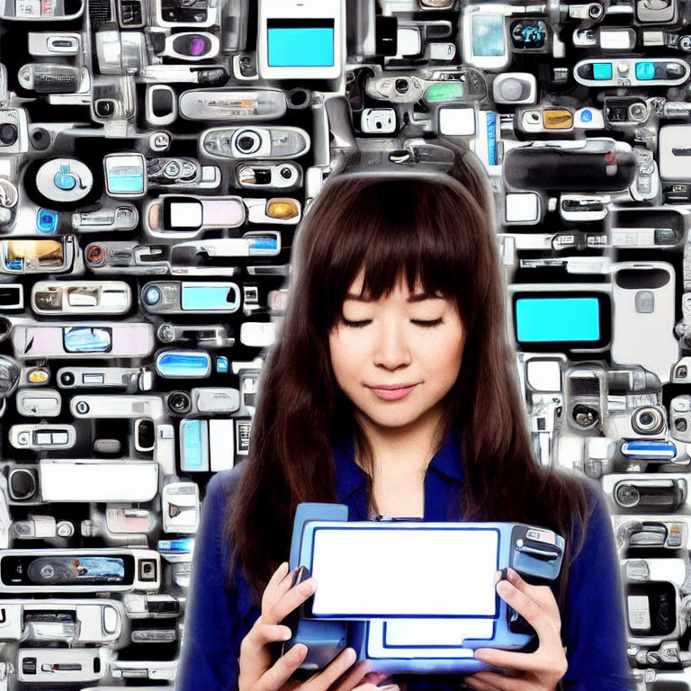 Woman Holding Tablet Surrounded by Digital Devices Collage