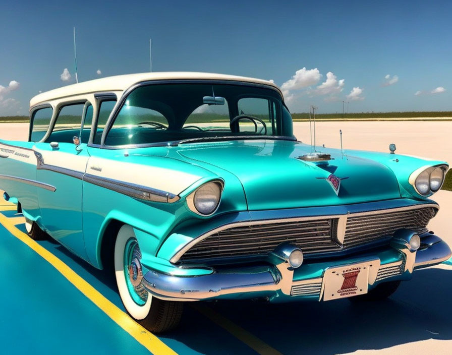 Vintage Two-Tone Turquoise and White Station Wagon on Sunny Day