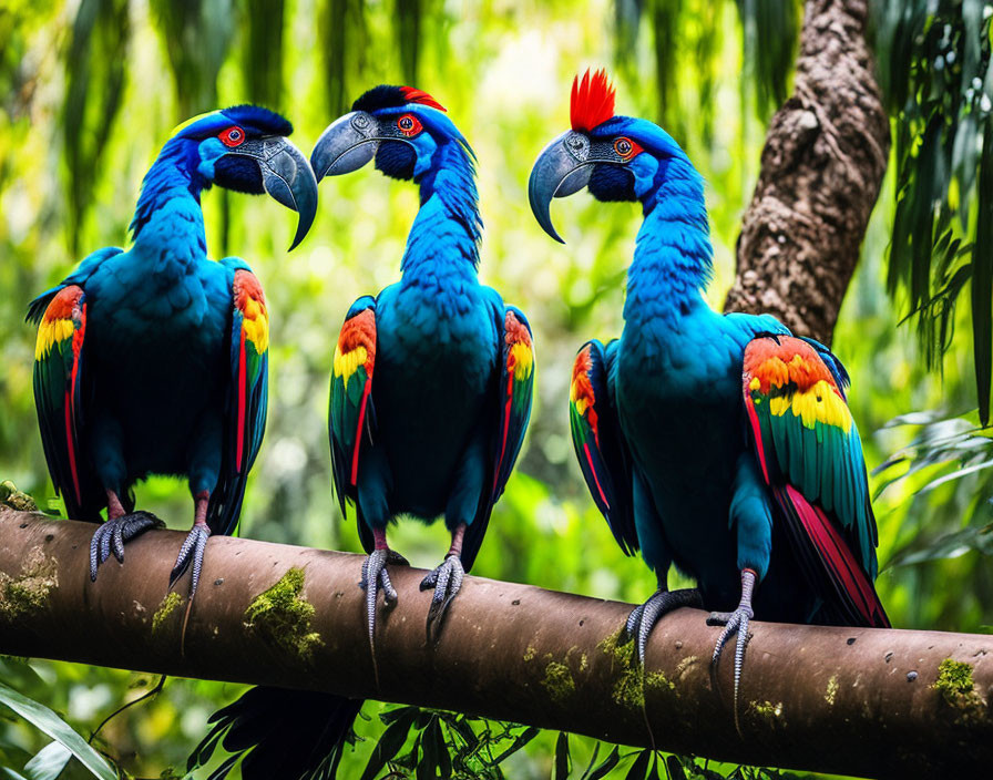 Colorful Macaws Perched on Branch in Green Forest