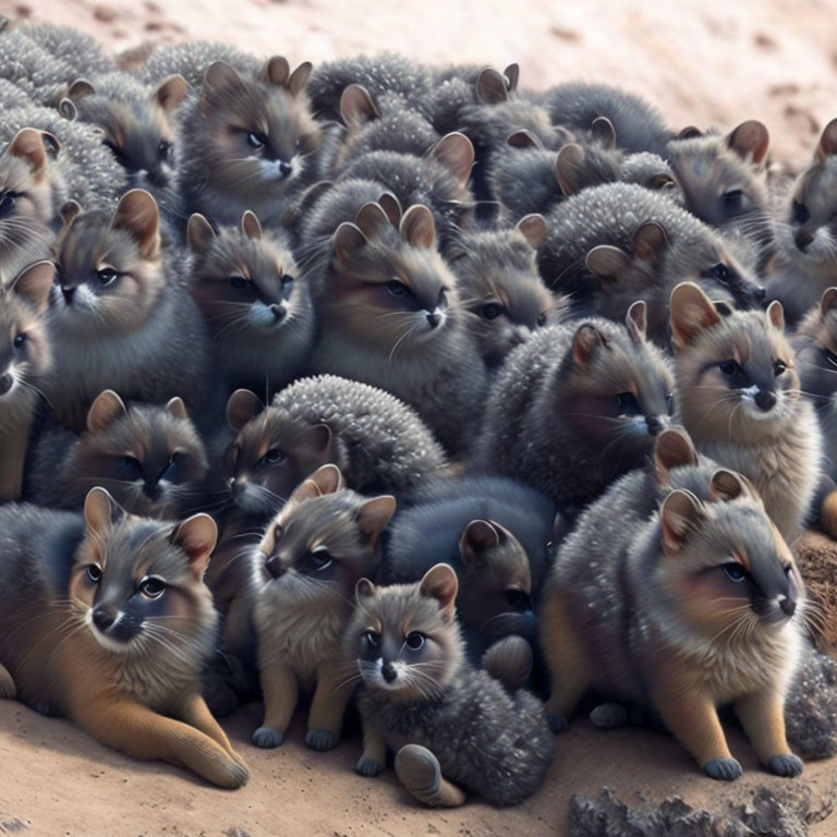 Small Cute Animated Creatures with Hedgehog Quills and Feline Features on Sandy Surface