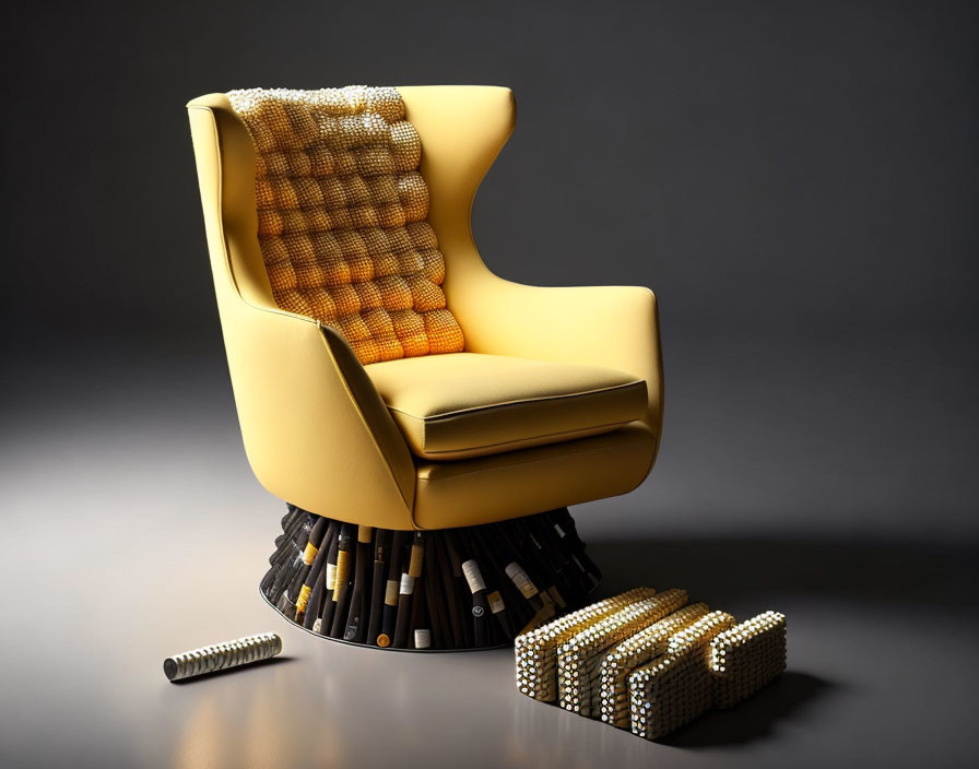 Yellow Armchair with Orange Checkered Backrest and Cartridge Base + Footstool & Comb