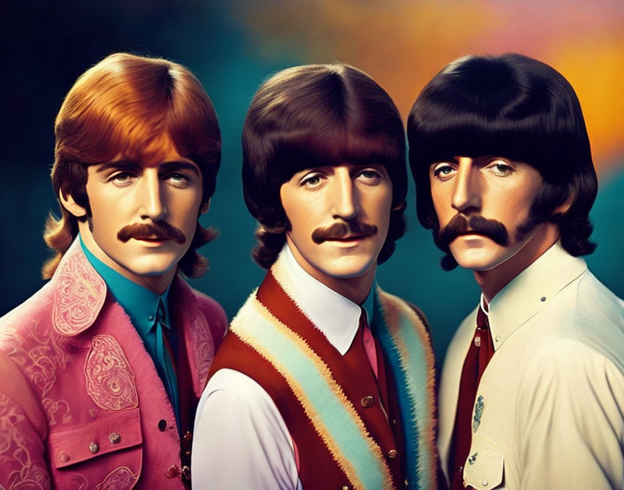 Three men in colorful 60s outfits with mustaches on blurred multicolored background