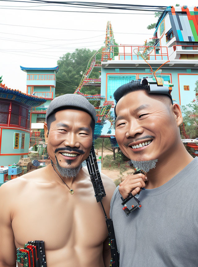 Men with AI-themed beard decorations in front of colorful building.