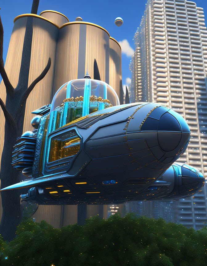 Futuristic blue hover vehicle among trees and skyscrapers on clear sky with visible planet