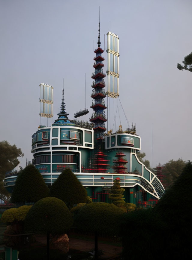 Unique Pagoda-Style Building with Teal Walls and Red Accents