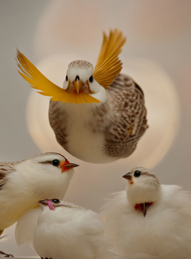 Canary in mid-flight with outstretched wings and perched birds in warm bokeh background