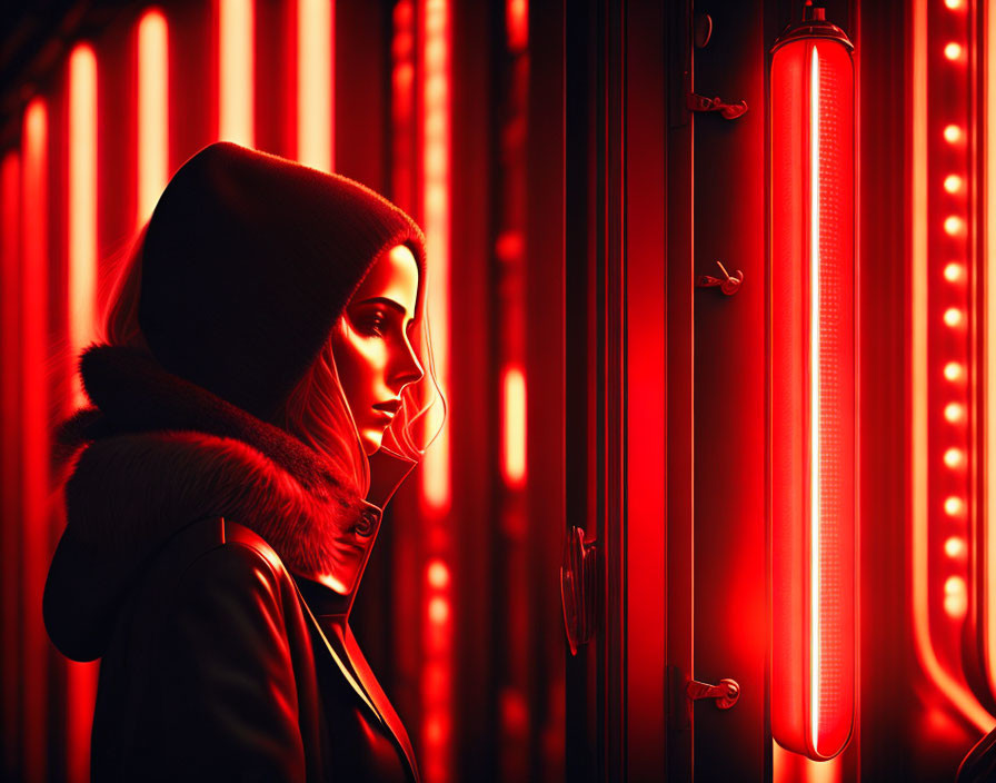 Woman in hooded jacket under red neon lights in moody setting