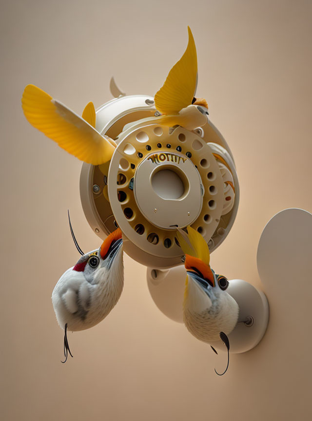 Yellow feathered birds in surreal fishing reel with plant-like elements