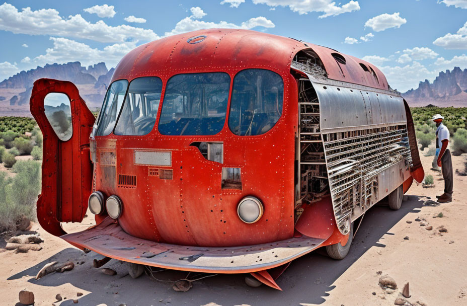 Abandoned vintage red bus in desert landscape