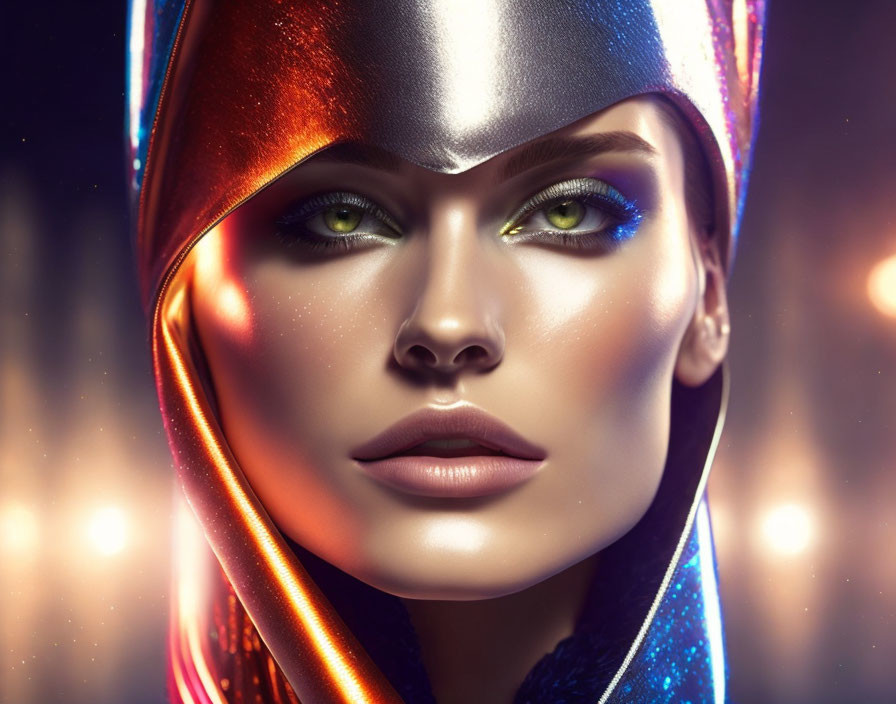 Woman with metallic headpiece and colorful shawl, green eyes, soft glowing lights