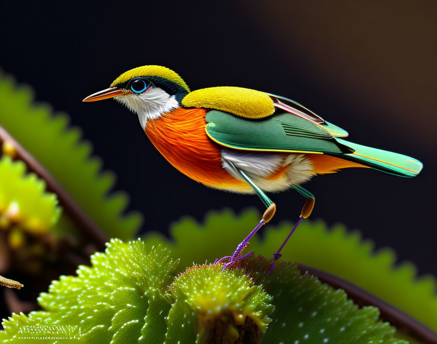 Colorful Bird with Orange Underparts, Green Wings, and Yellow/Black Head Perched on Plant