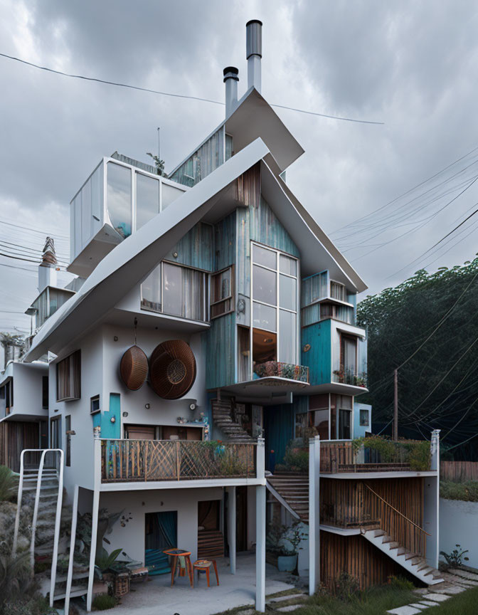 Modern and rustic multi-story house with sloped roof and wooden accents