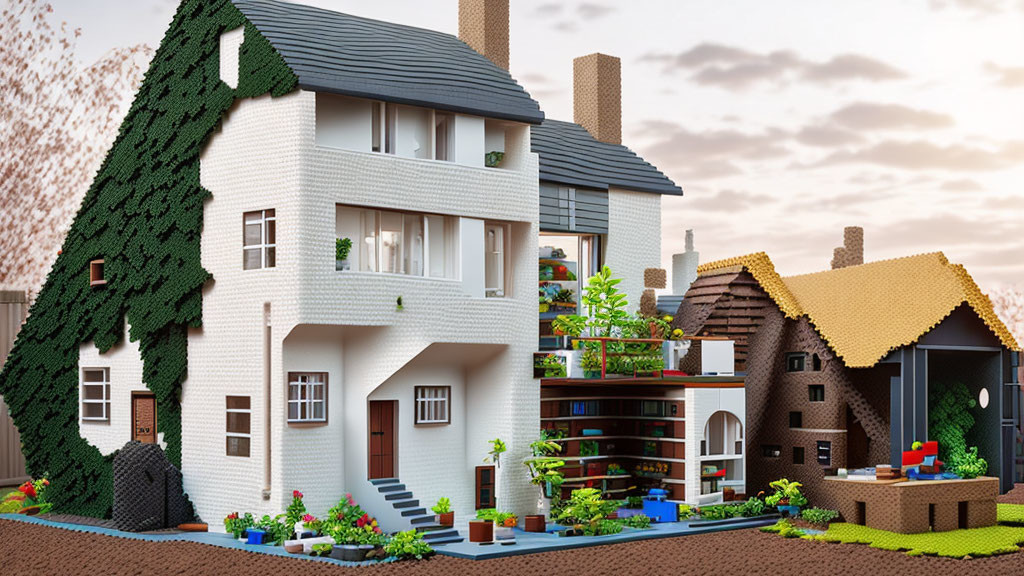 Detailed Lego brick diorama of modern two-story and smaller brown houses with greenery and blue tiled area