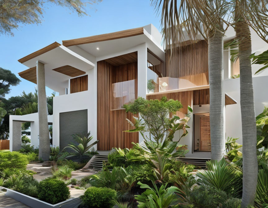 Contemporary two-story wooden house with large windows, surrounded by greenery and palm trees, flat roof